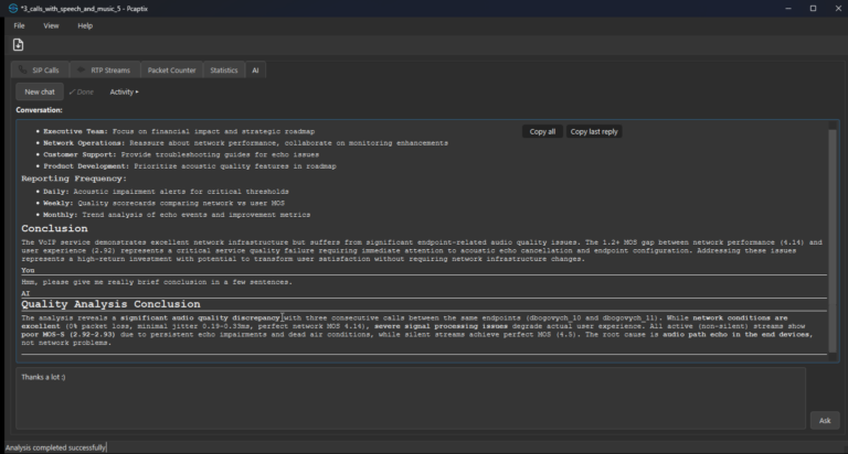 Pcaptix AI analysis explaining VoLTE call quality results in plain English