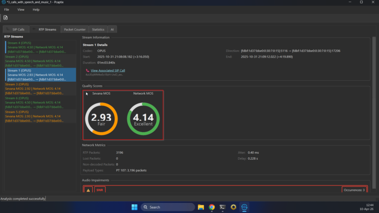 Pcaptix dual MOS gauges - Sevana perceptual MOS beside Network MOS for a VoLTE stream