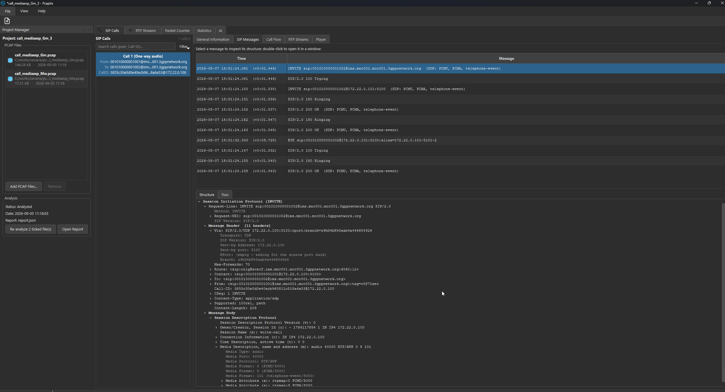 Pcaptix 0.6.6 SIP message viewer showing the collapsible SIP/SDP protocol tree