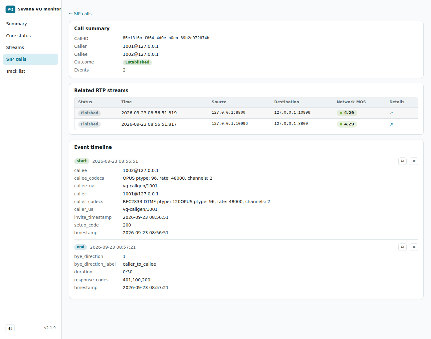 VQ for Asterisk SIP call detail: caller, callee, outcome, related RTP streams with network MOS and the SIP event timeline