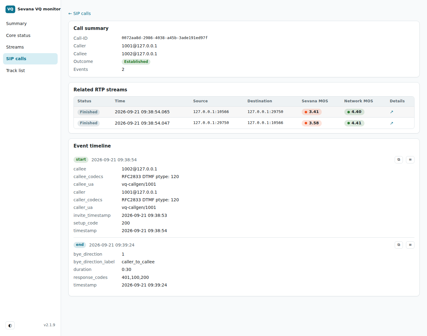VQ Monitor for Asterisk SIP call detail: caller, callee, outcome, related RTP streams and SIP event timeline