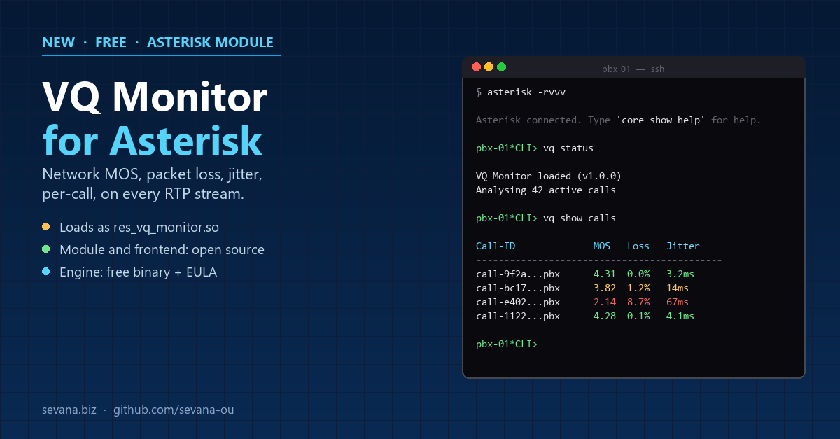 VQ Monitor for Asterisk: قيم Network MOS وفقدان الحزم والارتعاش لكل مكالمة في واجهة Asterisk CLI